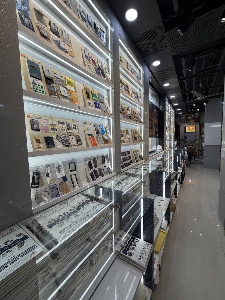 Garment accessory samples displayed in the Lekha product showroom