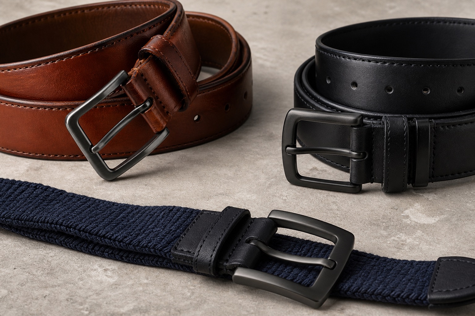 Leather and woven belts with brushed gunmetal hardware