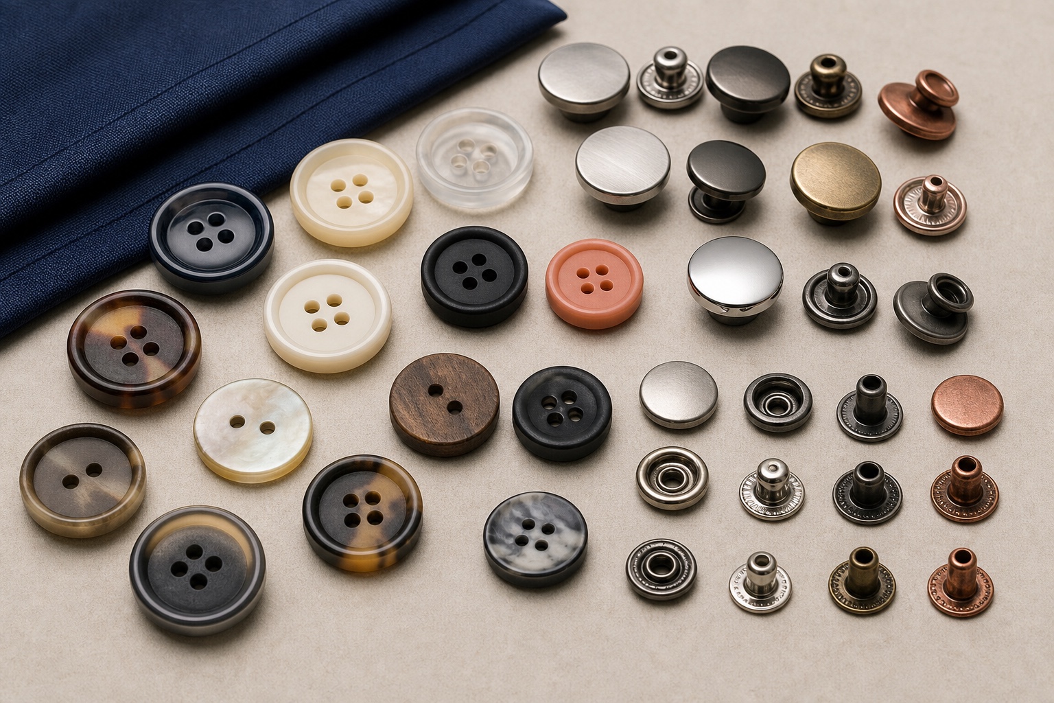 Assorted plastic, metal, two-hole, four-hole, two-part and four-part garment buttons in varied materials and finishes