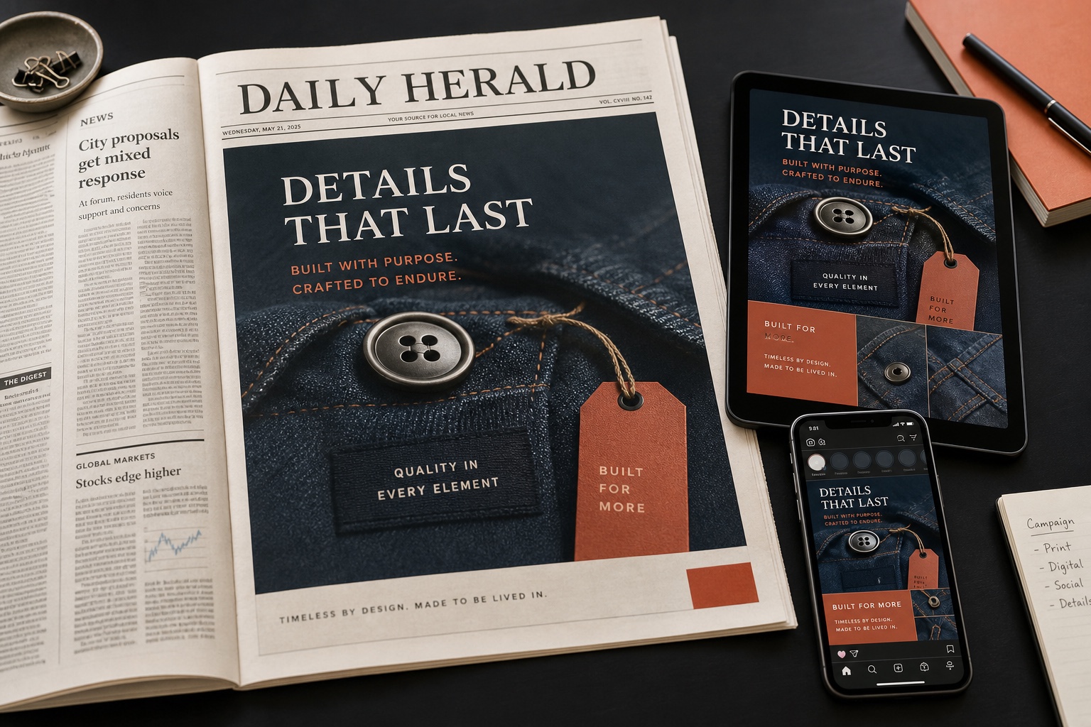 Coordinated garment advertising campaign presented as a newspaper advertisement, tablet layout and mobile social creative