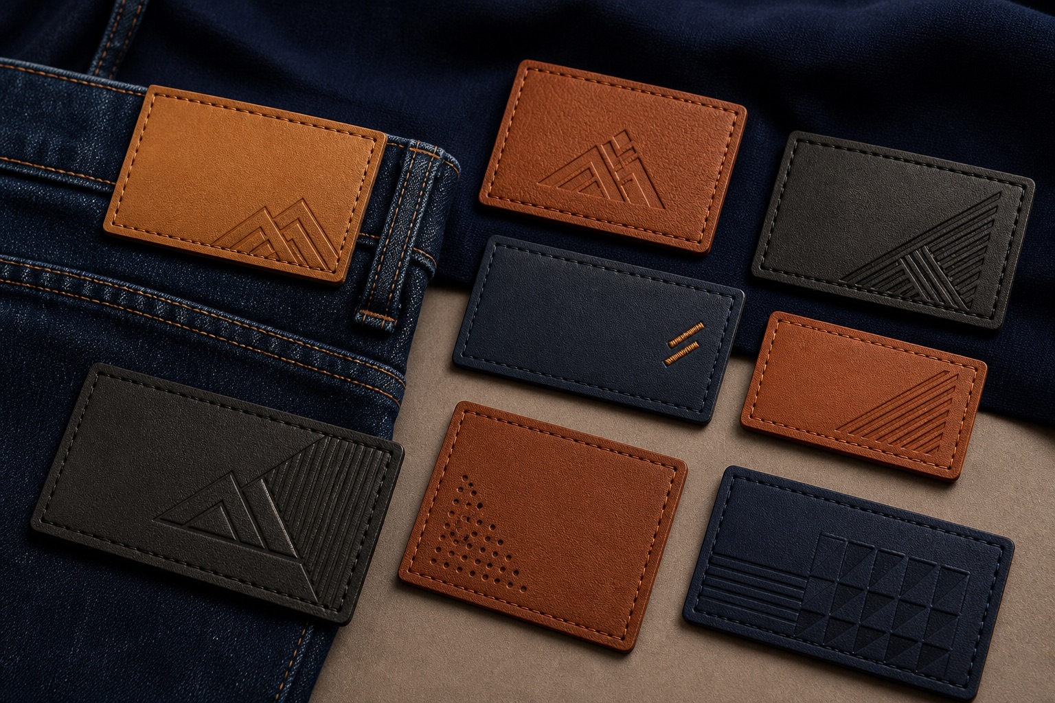Embossed and stitched PU leather labels for denim and apparel branding