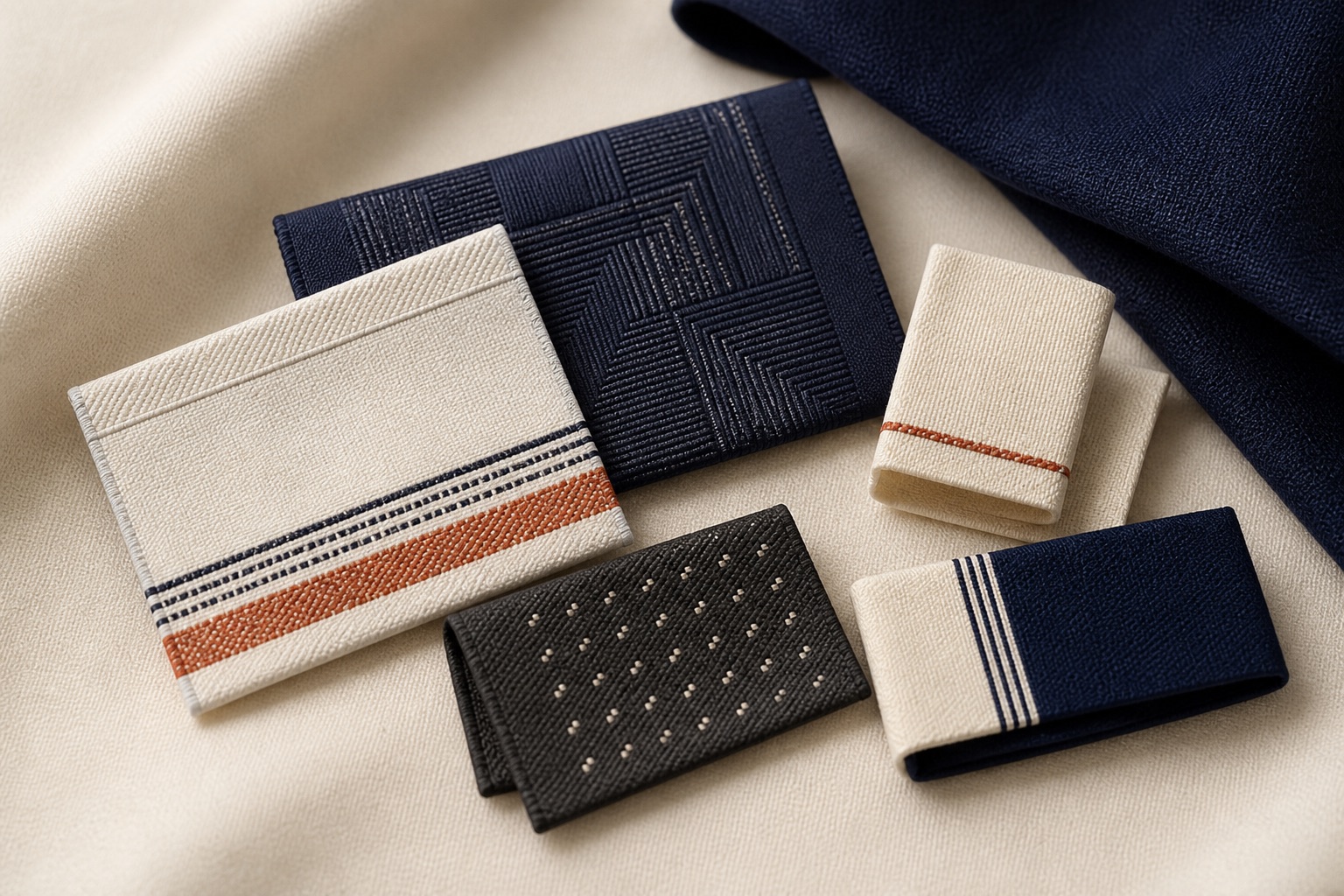 Damask, satin and cotton-look woven labels in multiple folded constructions